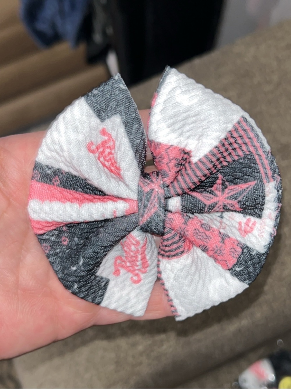 Kids Fabric Bow Hair Clip -Rodeo Pink, Gray & White